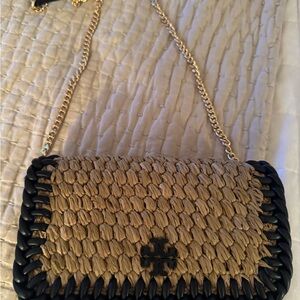 Tory Burch Black and Tan Woven Crossbody Bag